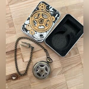 Gear Pocket Watch New In Case Brass Silver Color Case Black Dial Gold-Tone Hands